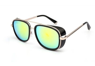 Iron Fashion Man 3 IRON TONY Windscreen Sunglasses for Men and Women Double beam Sunglasses Retro Personality Glasses (Colour: Black framed gold leg gold color slice)